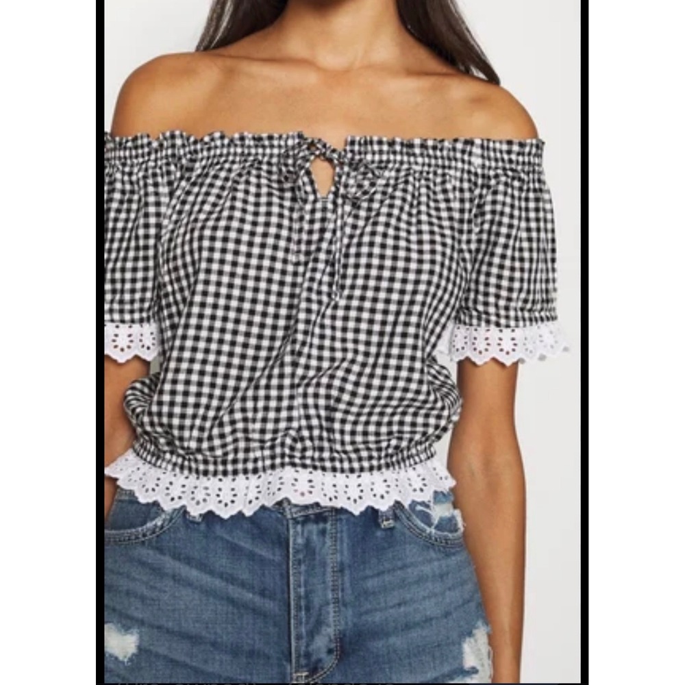 Hollister Coquette Gingham Off Shoulder Crop Top Black Eyelet Lace Trim Med Y2K